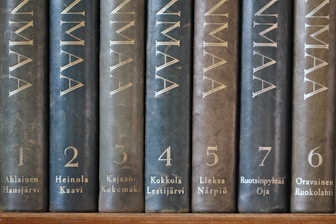 A row of nine vertically arranged books with dark, textured covers, each labeled with numbers and location names in an elegant serif font. The titles appear to be in a consistent style with gold embossing, providing a classic and scholarly appearance.
