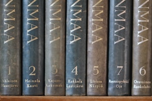 A row of nine vertically arranged books with dark, textured covers, each labeled with numbers and location names in an elegant serif font. The titles appear to be in a consistent style with gold embossing, providing a classic and scholarly appearance.