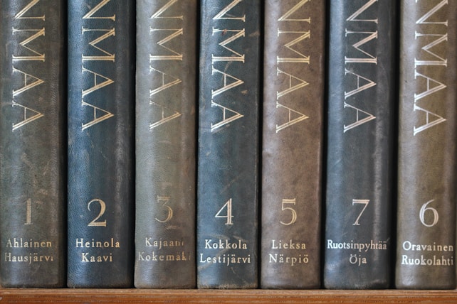 A row of nine vertically arranged books with dark, textured covers, each labeled with numbers and location names in an elegant serif font. The titles appear to be in a consistent style with gold embossing, providing a classic and scholarly appearance.