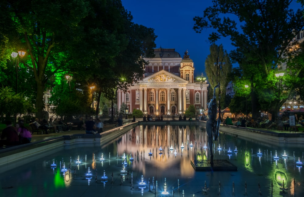 Brown Mansion House vicino alla piscina rettangolare circondata da alberi alti e verdi durante la notte