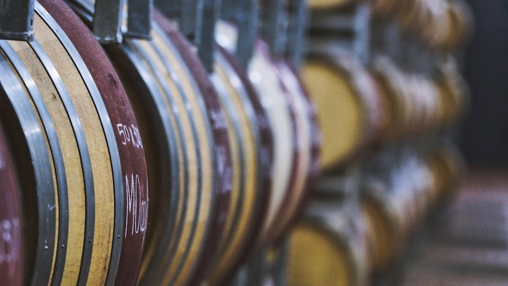 brown and red wooden barrels