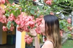 woman holding pink petaled flower