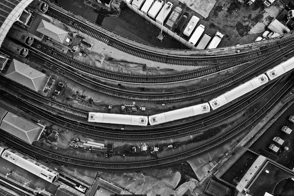 aerial view of greyscale photo of highway