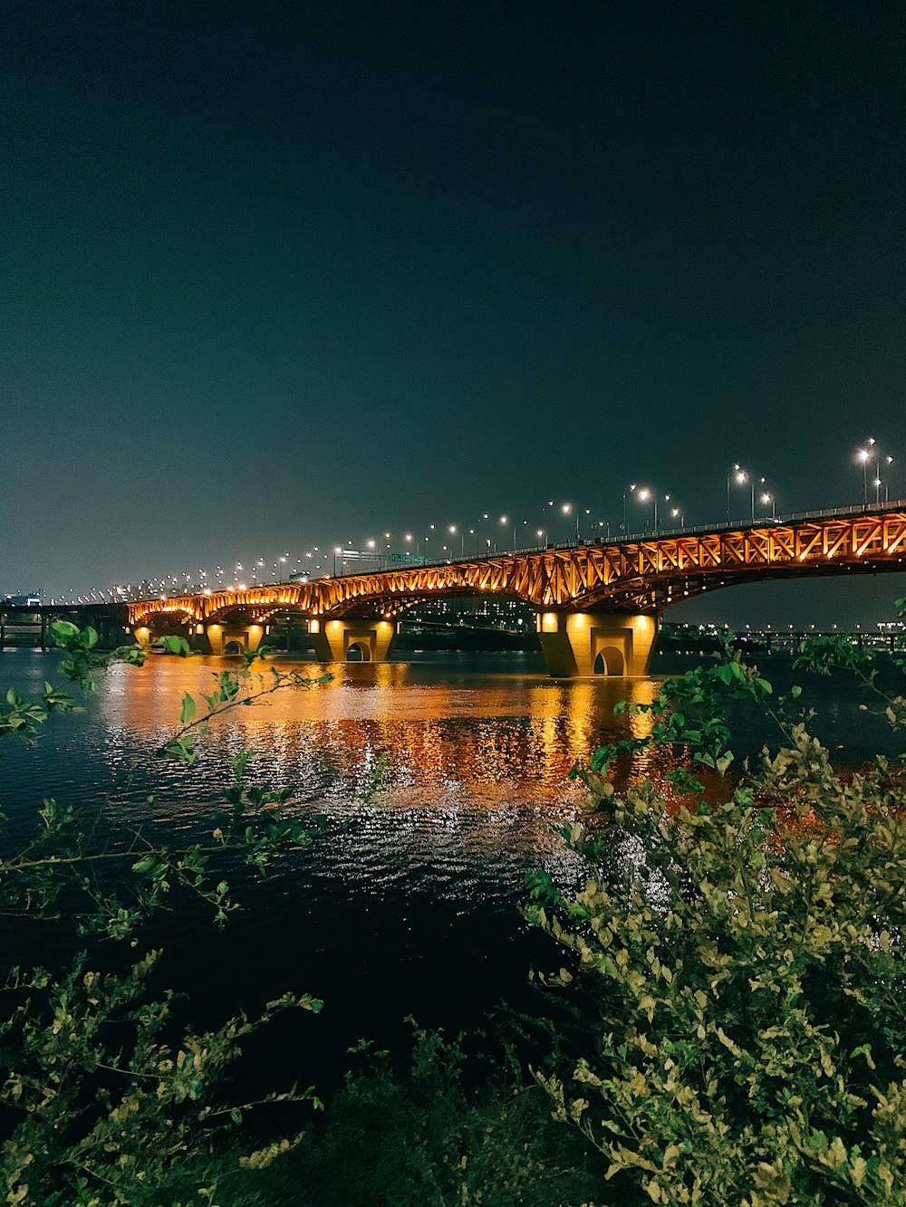 lit metal bridge at night