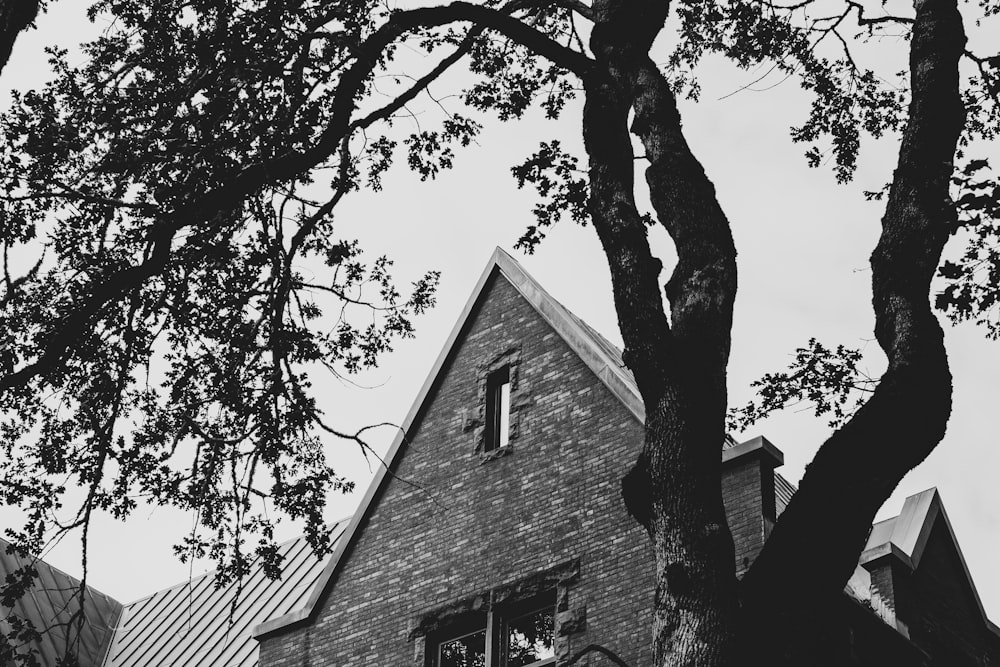 grayscale photo of a brick house