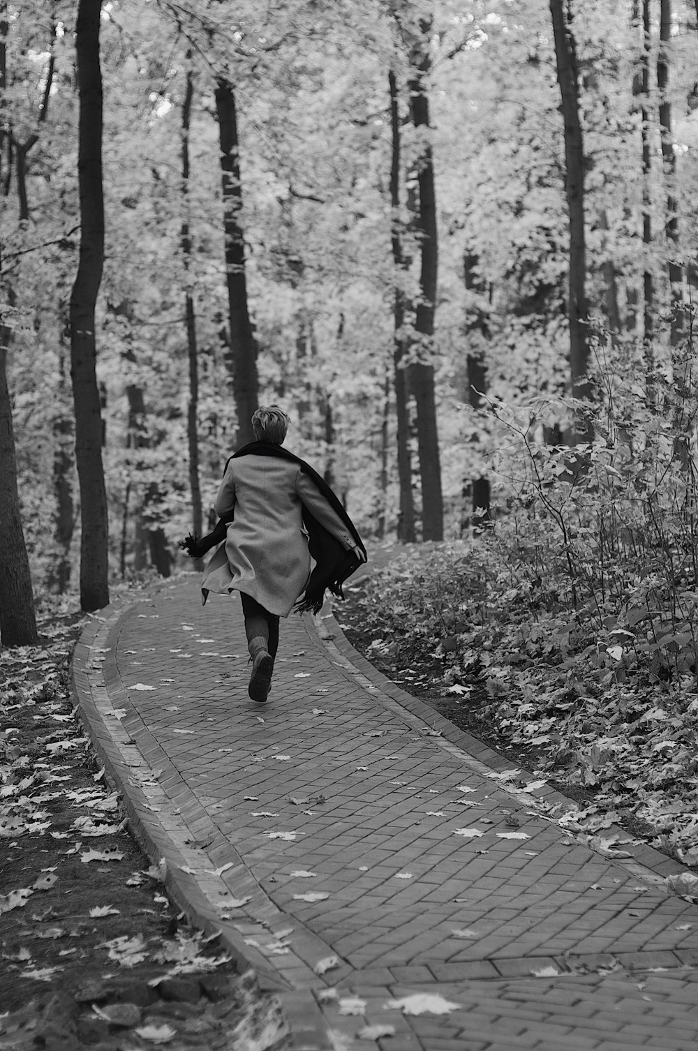 greyscale photography of running woman on pathway beside tres