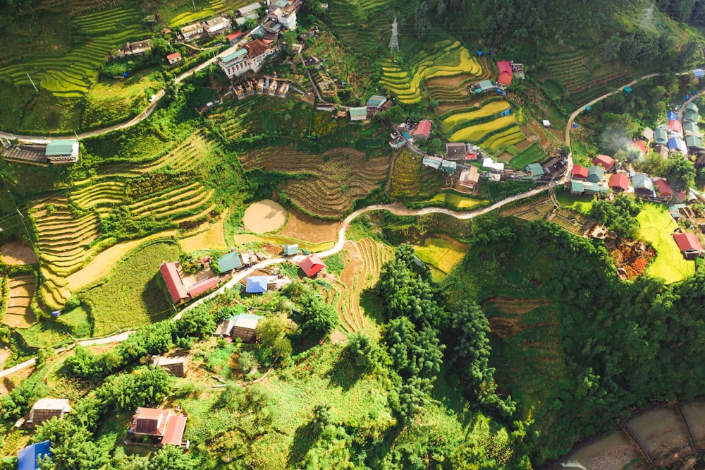 Vista aérea de un pueblo sobre la ladera de una montaña entre naturaleza