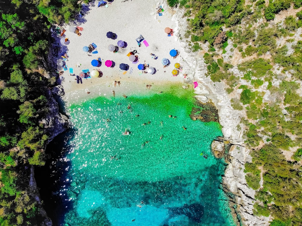aerial photography of umbrellas on seashore during daytime