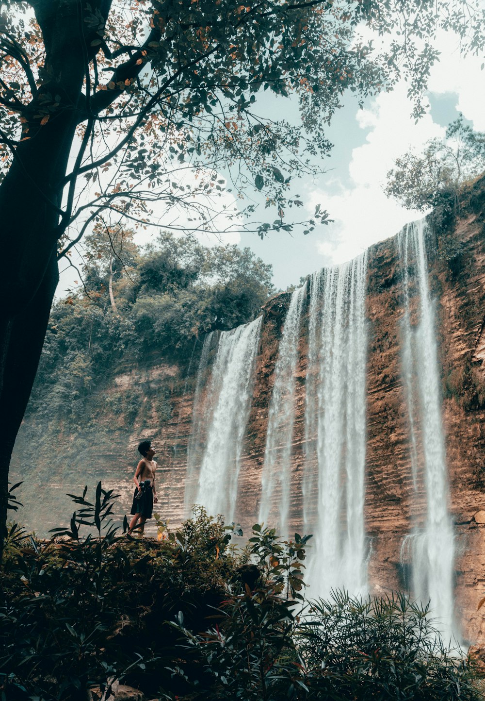 boy looking at waterfall