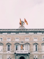 A historic building features multiple flags, including Spanish and Catalan flags, prominently displayed on its rooftop and facade. The building is made of stone with symmetrical windows and classic architectural details. A large banner hangs over the entrance, reading 'Llibertat d'Opinió i d'Expressió.'