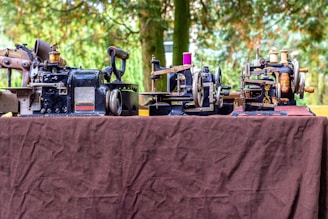 A collection of vintage sewing machines is displayed on a brown cloth-covered table outdoors. There are various styles and sizes, mostly in black with metallic components, each having intricate designs. The background features a lush green setting with blurred greenery, suggesting a park or garden.