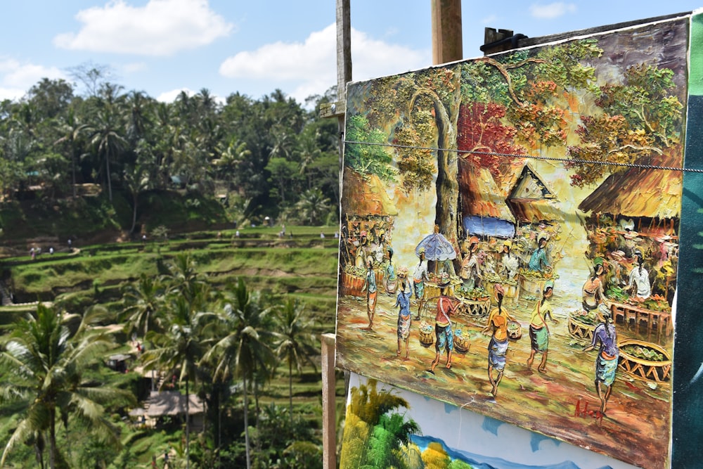 people near village painting viewing coconut trees