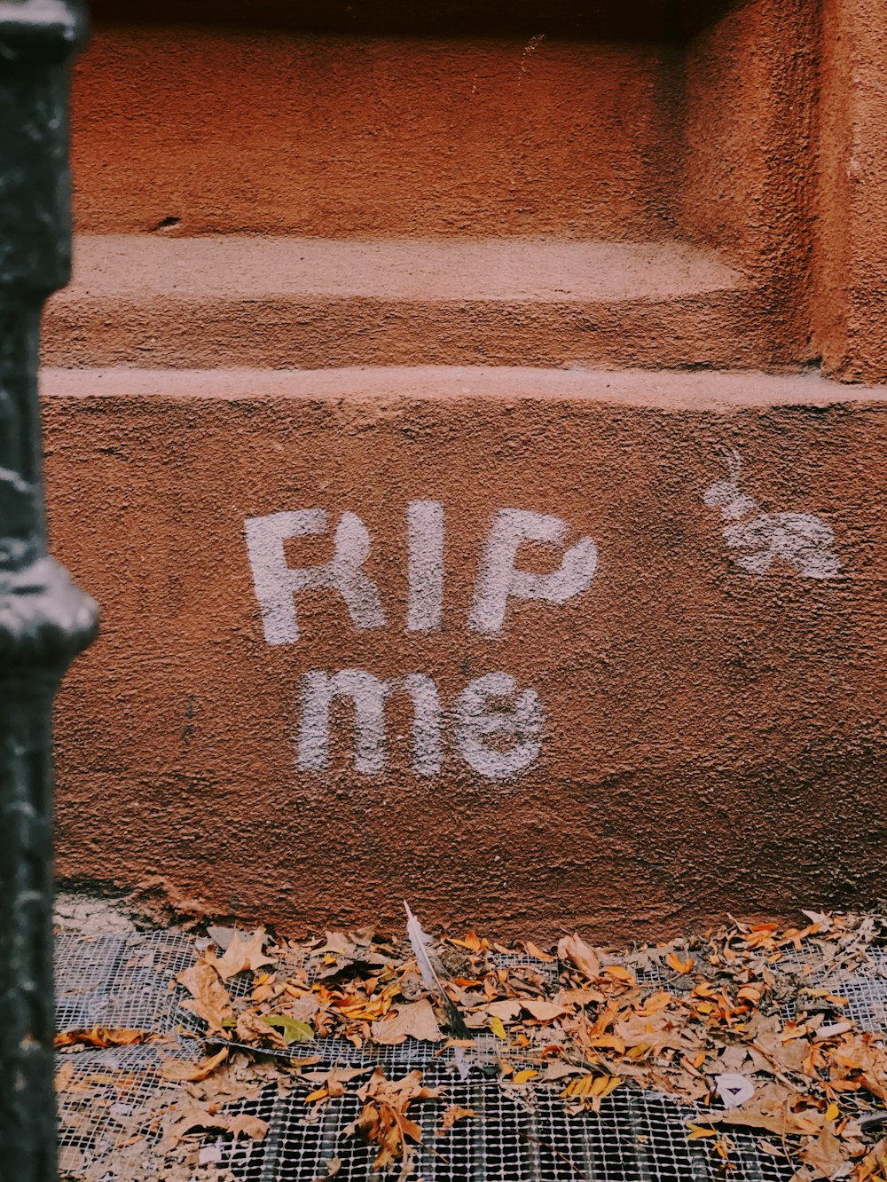 Texte Rip Me imprimé sur un mur en béton rouge