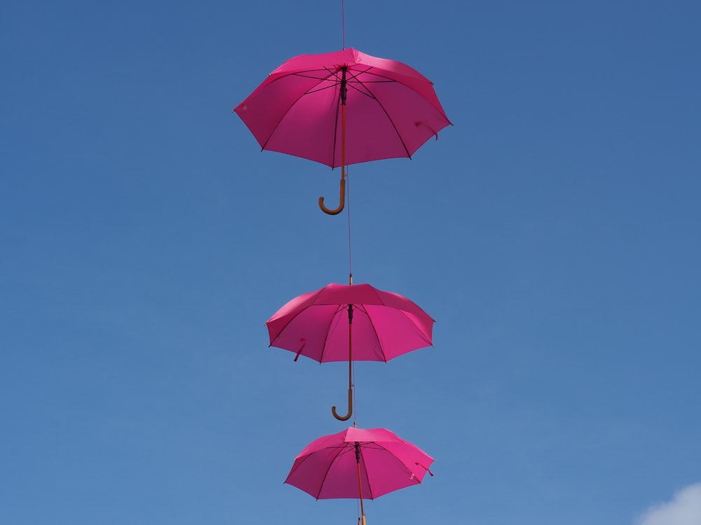 three hanging pink umbrellas