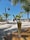 A tropical beach scene featuring a palm-lined sandy area with seating and a bicycle. In the foreground, a tall glass with a refreshing drink garnished with lime and a straw sits on a wooden table. The sky is clear and blue, suggesting a sunny day.