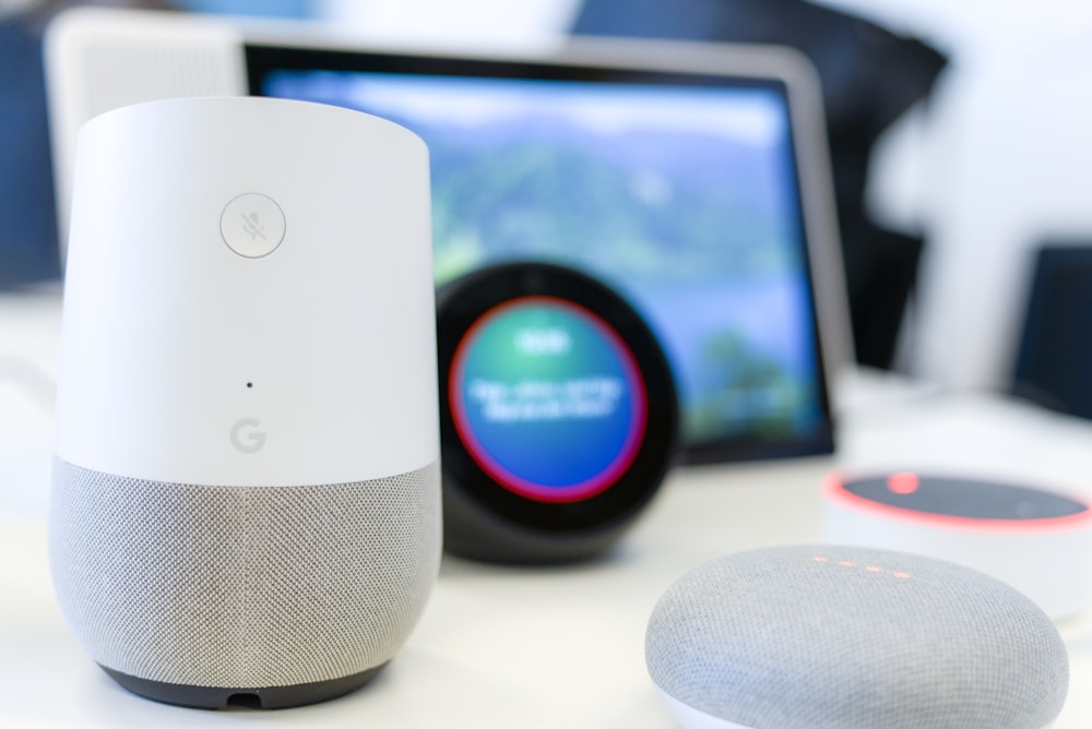 white and gray Google Home