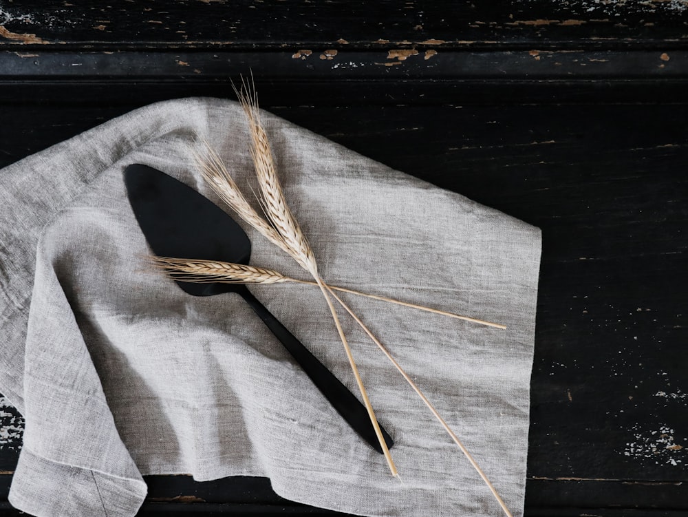 wheat grass and cake server on gray textile