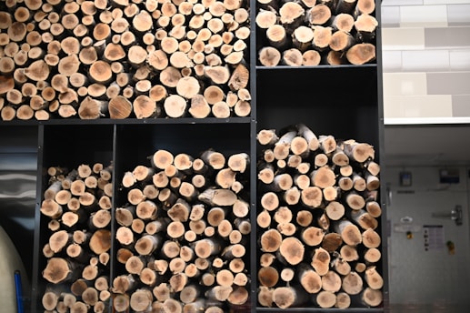 A shelving unit is filled with neatly stacked, cut logs. The ends of the logs are facing outward, showcasing the circular patterns of the wood grain. The shelves are divided into sections, each containing a different size and arrangement of logs, creating a visually interesting pattern of varying diameters and wood tones.