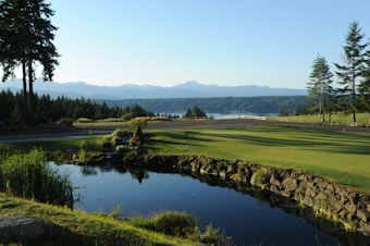 A serene golf course landscape with a putting green in the foreground and a small pond surrounded by rocks. Tall pines and other trees line the edge of the green area, with a distant view of hills and a body of water. The scene is under a clear blue sky, suggesting it's either morning or late afternoon.