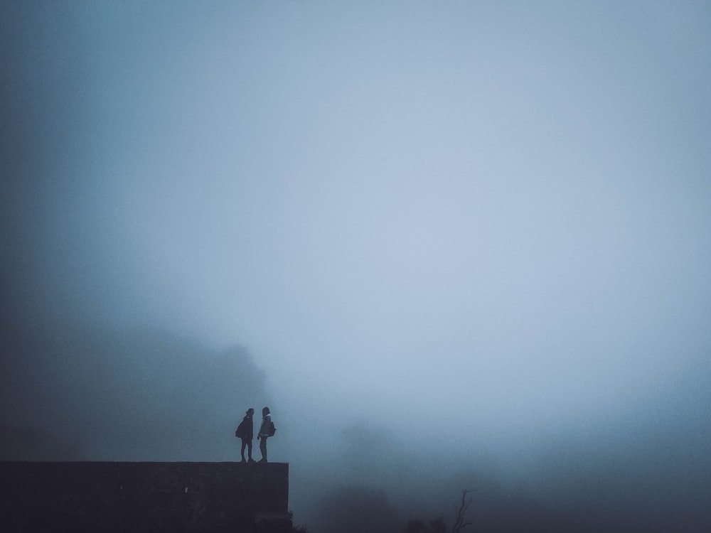 silhouette of two person standing on edge during foggy day