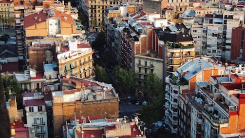 An aerial view of an urban area with various residential buildings closely packed together. The structures are mainly composed of brick and concrete, displaying a mix of architectural styles. Trees and narrow streets are visible between the buildings, and the rooftops feature a variety of colors, including red, white, and gray.