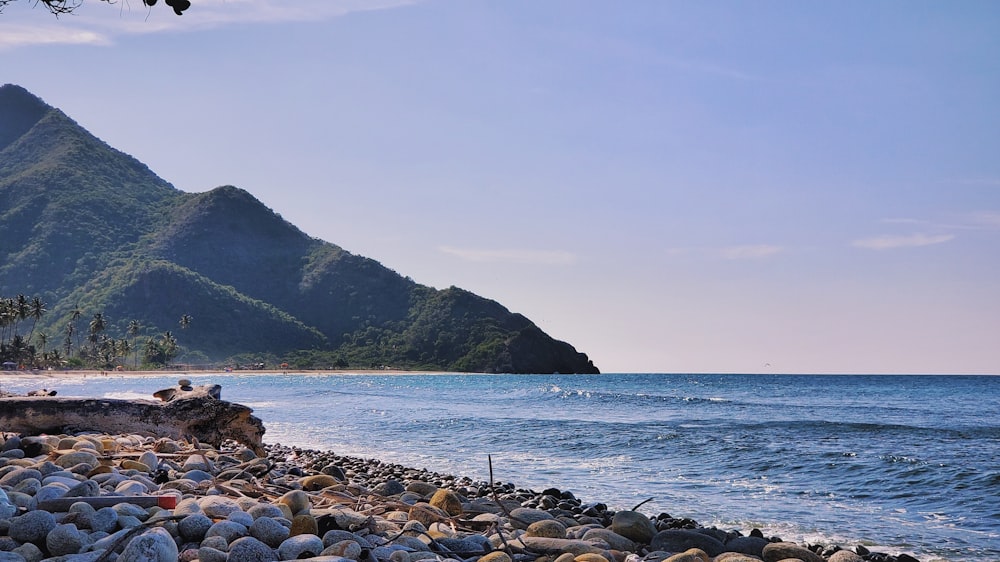 rocks on shore, mountains, and sea