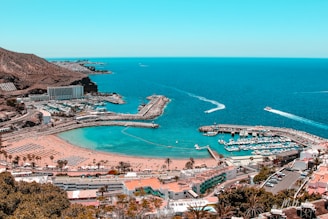 A stunning coastal view reveals a vibrant seaside landscape. A wide expanse of blue ocean meets a sandy beach, populated with organized rows of sunbeds and umbrellas. Adjacent to the beach, a marina is filled with numerous boats docked in neat rows. Several modern buildings and hotels are nestled against the hillside, offering scenic views of the water. Lush palm trees are scattered throughout the area, adding to the tropical atmosphere.