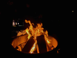 A family enjoying a warm campfire in the evening at the designated fire pit