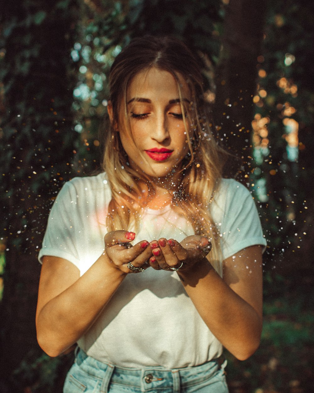 woman looking at own palm