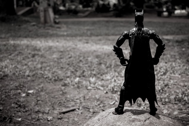 A toy figure resembling a superhero stands on a rock, facing towards a blurred outdoor setting. The figure's silhouette is captured in a dramatic pose, with a cape flowing down its back. The background is an open, grassy area surrounded by trees, giving a sense of an expansive environment.