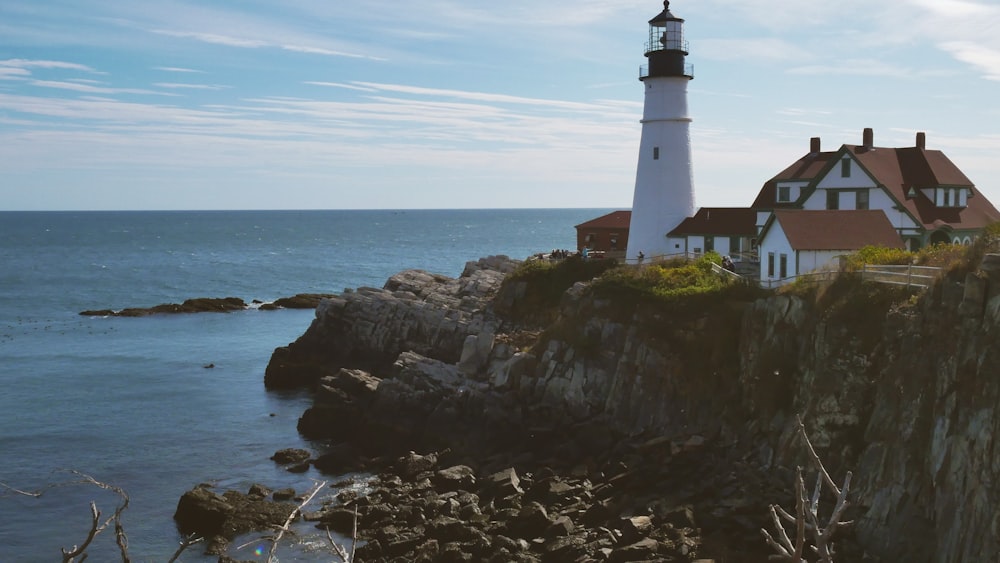 lighthouse on hill facing ocean