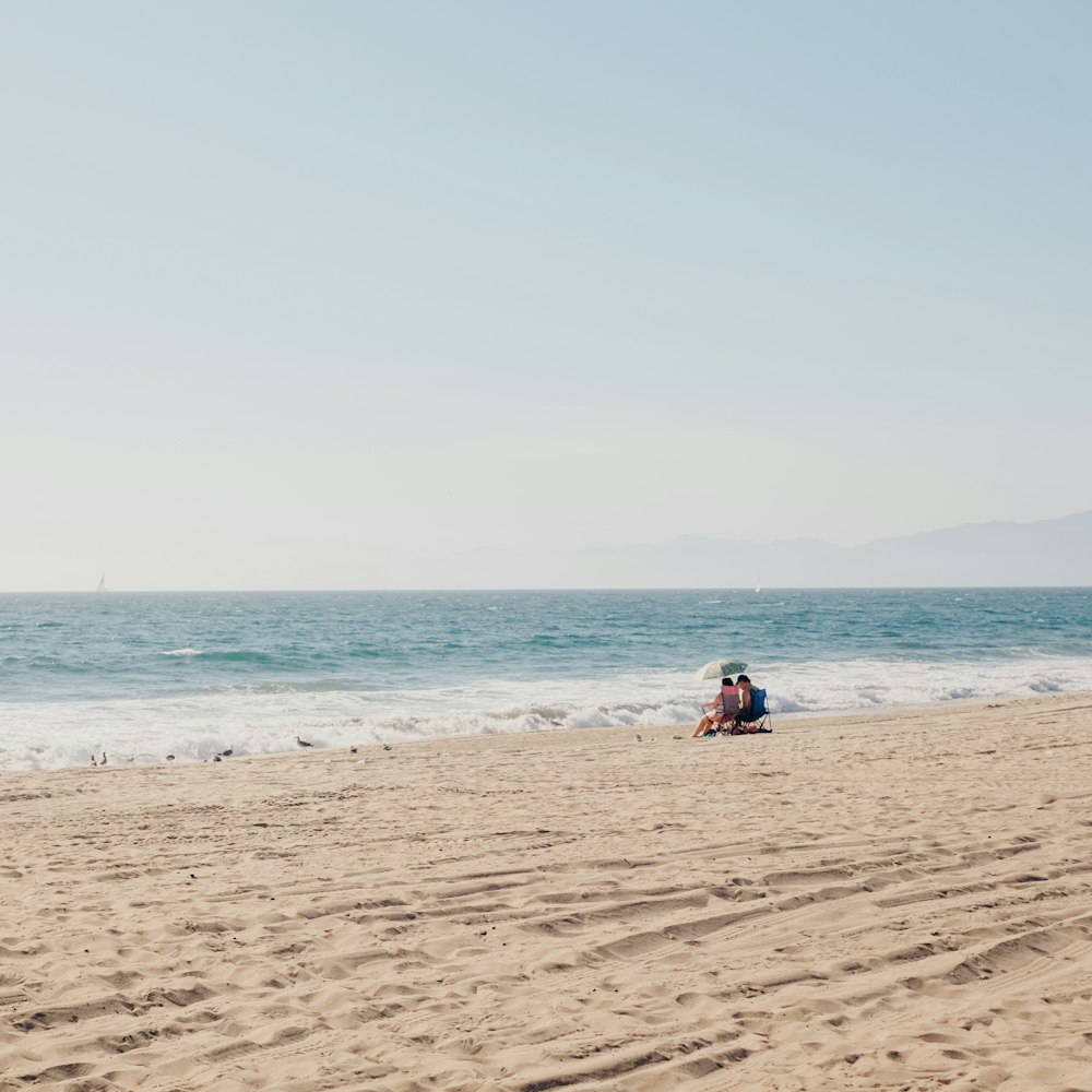 two person sitting on shore at daytime