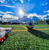blue and grey soccer ball on green field under white and blue sky during daytime