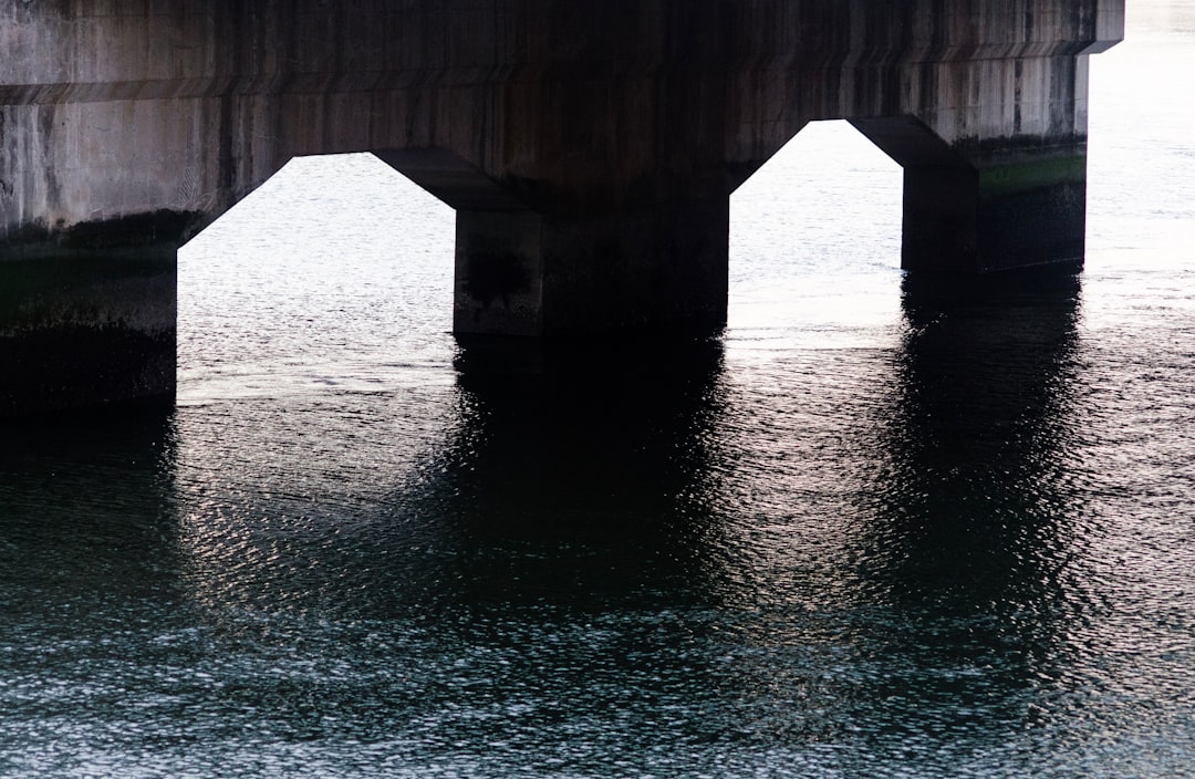 blue water under a gray concrete bridge