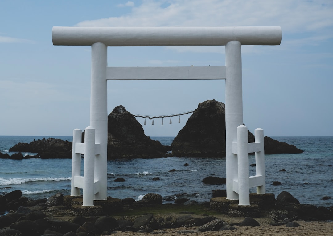 white tori gate near body of water
