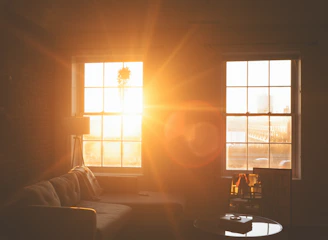 A sparkling clean living room with sunlight streaming through large windows.