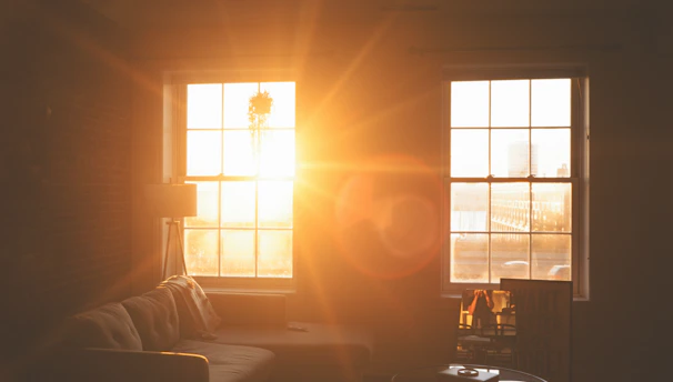 A sparkling clean living room with sunlight streaming through large windows.