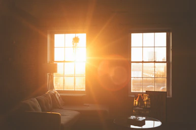 A neatly arranged living room with sunlight streaming through clean windows