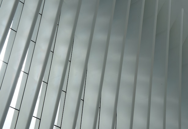 A series of vertical, parallel slats or panels made of glass or a similar translucent material, allowing diffused light to pass through. The structure appears geometric and modern, with a slight curvature to the panels.