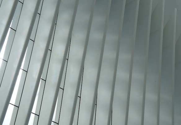 A series of vertical, parallel slats or panels made of glass or a similar translucent material, allowing diffused light to pass through. The structure appears geometric and modern, with a slight curvature to the panels.