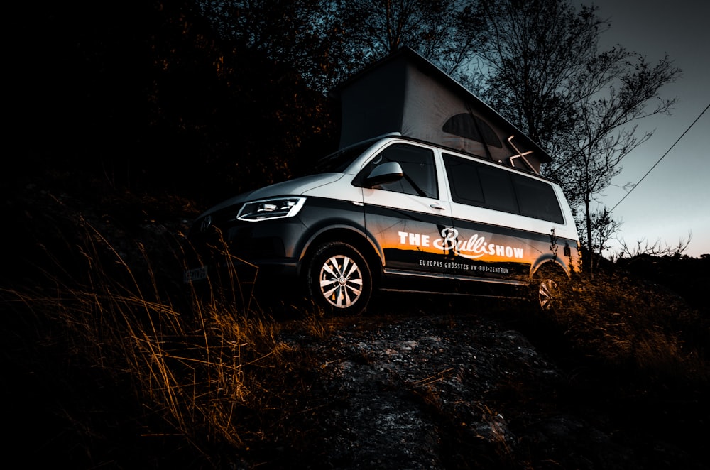 white and blakc van parked near house