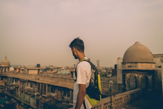 Traveler with luggage looking at a European city skyline.