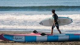 A person wearing a wetsuit is walking on the beach carrying a surfboard. The ocean waves are visible in the background, and a colorful kayak labeled 'Dolphin Surf Craft' rests on the sand.