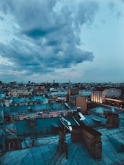 A wide-angle shot of an urban landscape at dusk with moody lighting.
