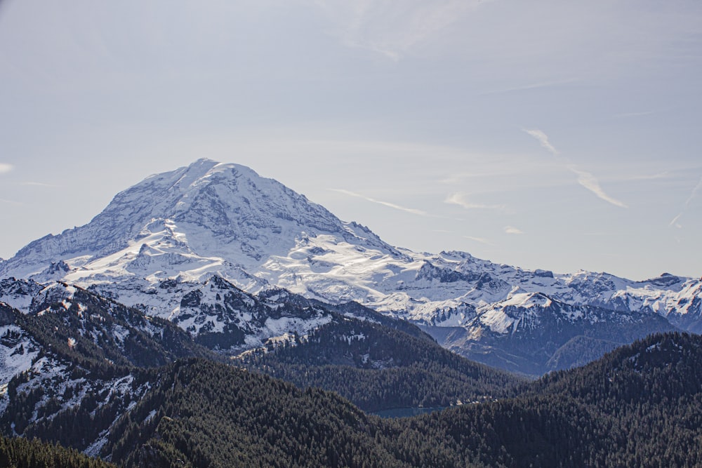 Photographie aérienne d’une montagne recouverte de neige sous un ciel blanc et bleu pendant la journée