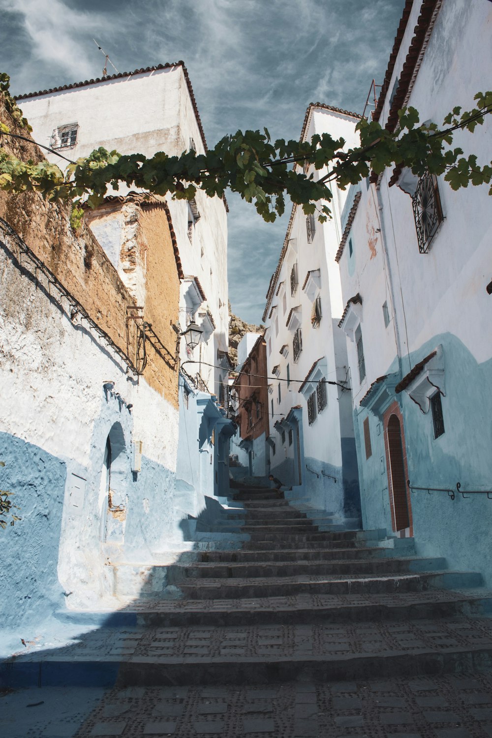 concrete stairs between white concrete houses