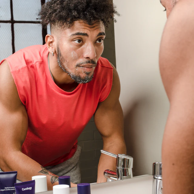 A man looking in a bathroom mirror while washing his face at the sink