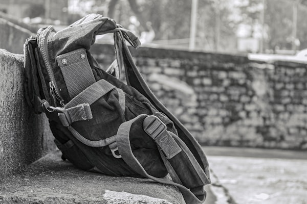 Sturdy outdoor backpack with aviation patches set against a mountain backdrop.