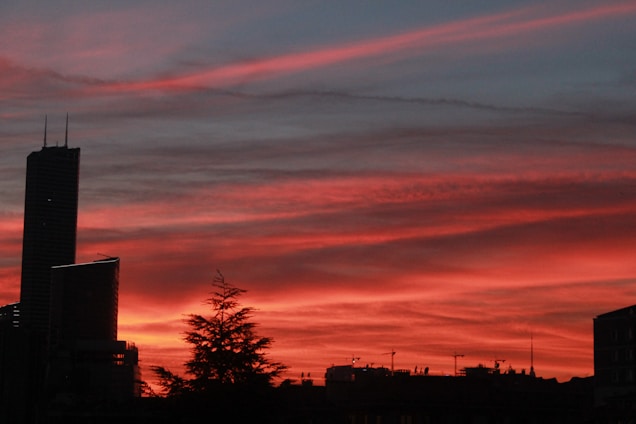 A photographer capturing a vibrant sunset over a city skyline.