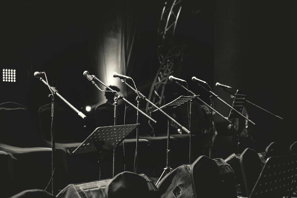 grayscale photo of microphone stands